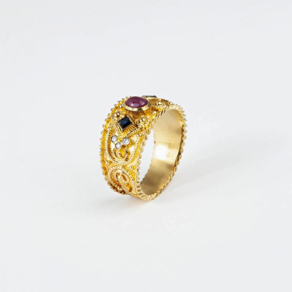 Δαχτυλίδι βυζαντινό με ζαφείρια,ρουμπίνι και διαμάντια