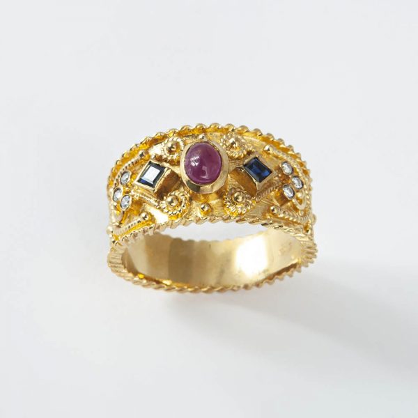 Δαχτυλίδι βυζαντινό με ζαφείρια,ρουμπίνι και διαμάντια